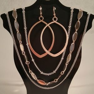 Necklace earring set silver rose gold 3-row long